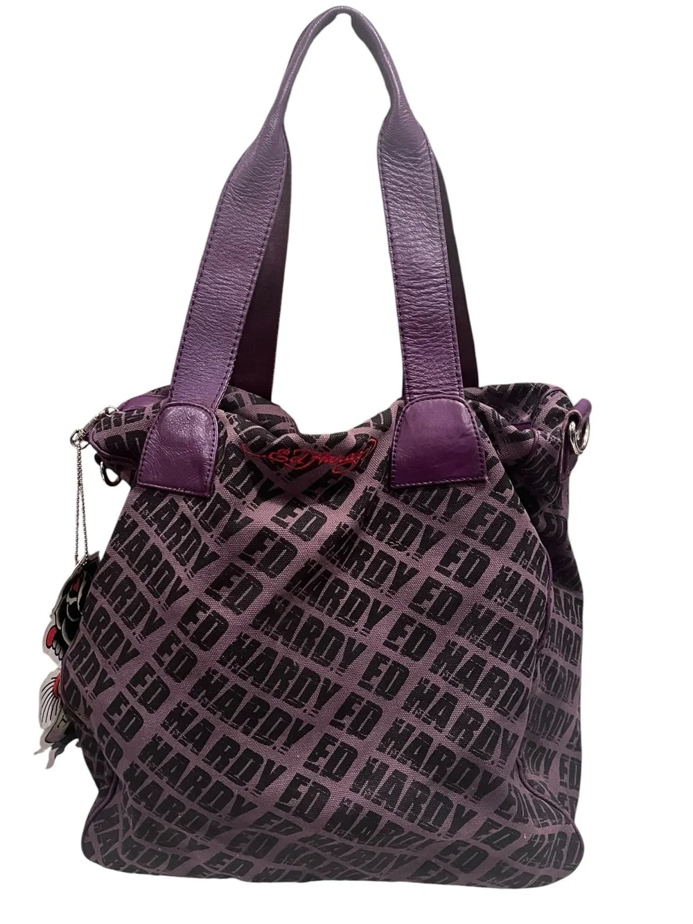 Ed Hardy Purple Geisha Print Tote with Multicolor Accent